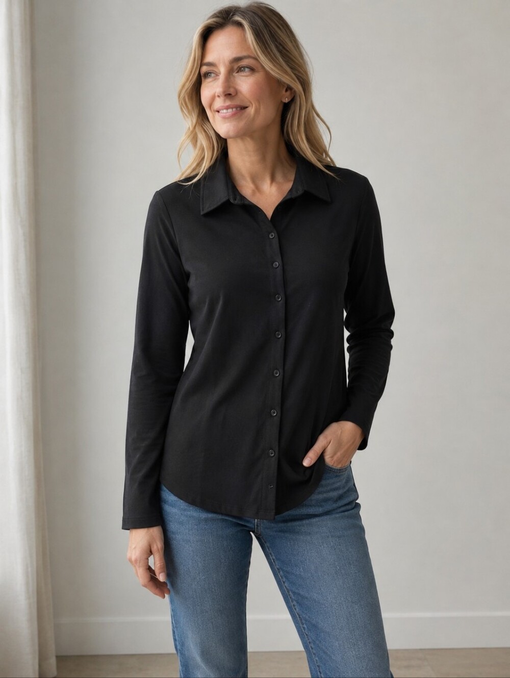 ❤️ NWOT! E.L.I. BLACK LONG-SLEEVE PERUVIAN PIMA COTTON BUTTON-UP SHIRT, MEDIUM